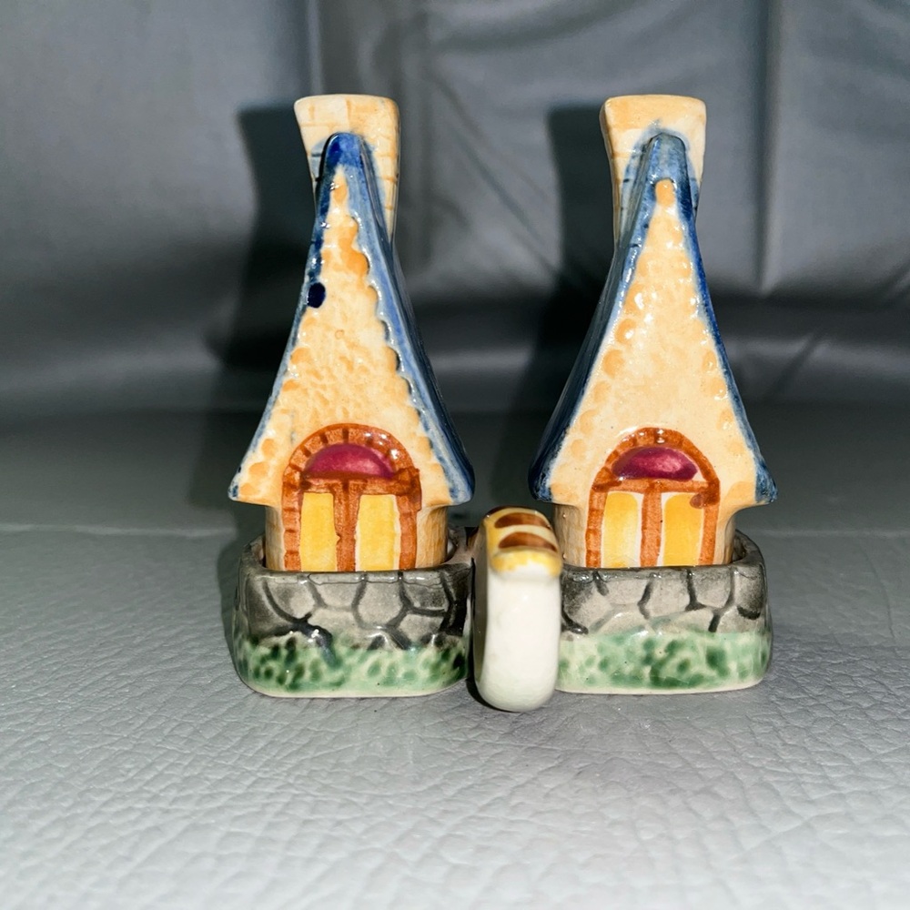 Hand painted In Japan Salt Pepper Shakers W/ Holder Cottages Cottagecore